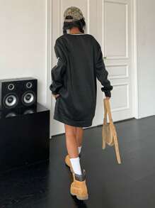 SHEIN EZwear Sweatshirt ample à manches longues, col en V, imprimé lettre, décontracté, grande taille