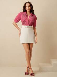 Anewsta 优雅蕾丝刺绣设计女式衬衫，西式上衣