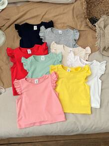 SHEIN Leap Crew 8pcs/Set Baby Girl Cute Short Cap Sleeve Solid Knit Tops, Summer - Multicolor - View 3