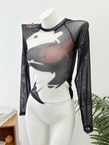 DAZY 女士拼色不对称印花透视网眼上衣外出上衣夏季长袖女上衣 - 彩色 - 查看 9