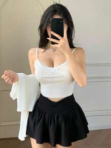 DAZY 2pcs Women Lace Splice Camisole And Fitted Long Sleeve Jacket Set, Pure Casual Tops - White - View 7