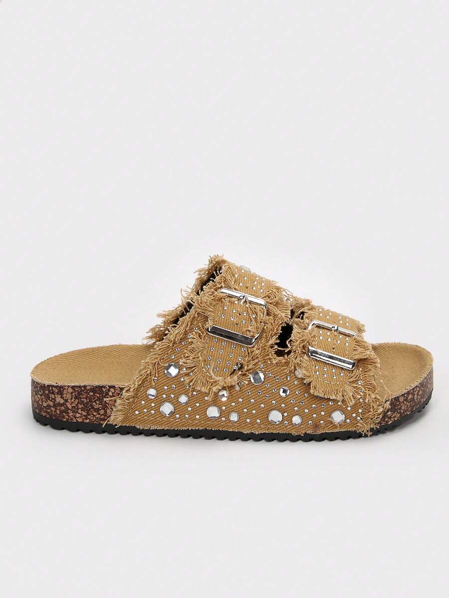 Solecia 女士圆头流苏水钻双扣平底休闲正装鞋，舒适日常、派对、通勤、时尚百搭 - 棕色 - 查看 1