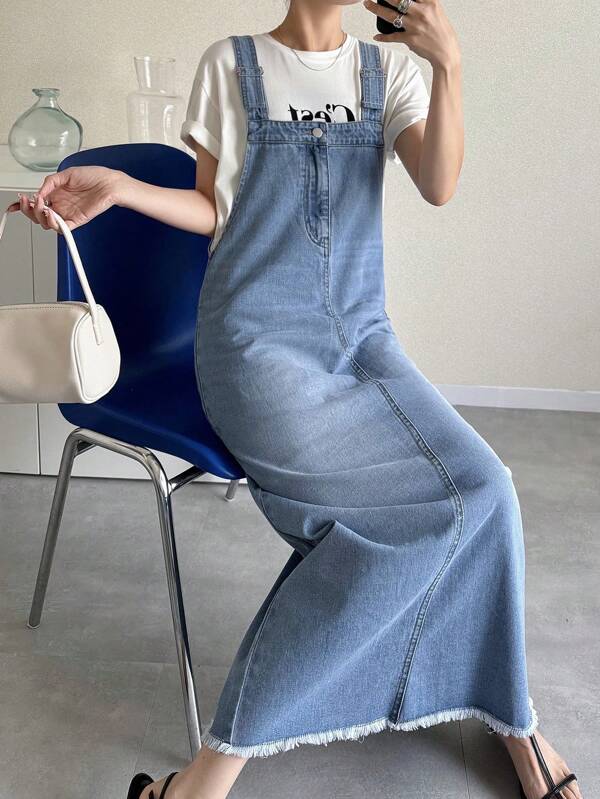 FRIFUL Women's Solid Color Thick Strap Casual Versatile Sleeveless Denim Dress Denim Overall Dress Denim Jumper Jean Overall Dress Jeans Dress Woman Long Denim Jumper