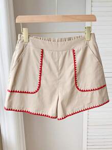 Comfortcana Quần short nữ mùa hè đi biển, thiết kế khóa kéo bên hông, viền hoa, có túi, kiểu dáng thường ngày, quần short giáo viên, phong cách bohemian. - Màu be - Xem 5