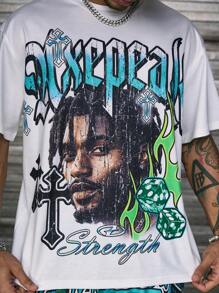 Axepeak 休闲街头服饰，肖像图案 T 恤和松紧腰短裤，男士两件套 - 青碧色 - 查看 6