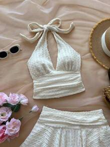 Elamini 2pcs Set Women's Beige Textured Fabric Halter V-Neck Fitted Tank Top & Asymmetric Hem Skirt, Vacation Beach Outfit - Apricot - View 3