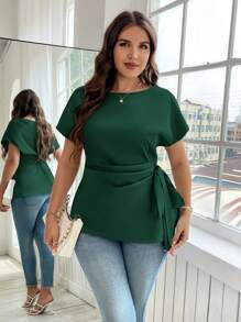 Reflora 夏季大码优雅纯色系腰衬衫 - 墨綠色 - 查看 4