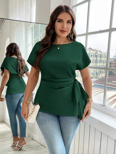 Reflora Plus Size Elegant Solid Color Tie Waist Shirt, Summer,Business Casual Woman,Teacher For Women Tie Front Top