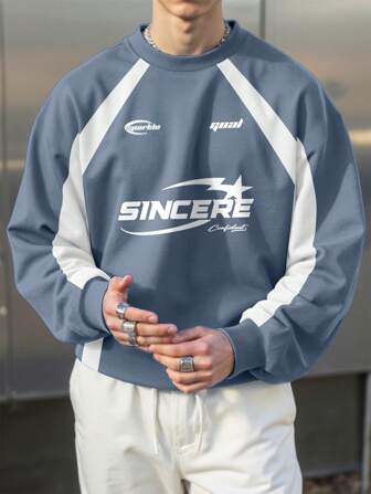 Manfinity Roghcode Moletom masculino com estampa de letras, gola redonda, manga raglã, ajuste solto, blusa de moletom streetwear, anos 90, esportivo, azul, jersey streetwear, outono