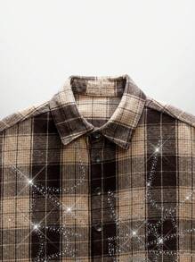 NEON BLANC Camisa de manga corta tejida de estilo callejero para hombres con estampado a cuadros y diseño de tela de araña de - Café integral - Ver 3