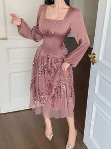 DAZY 春季婚礼宾客着装：优雅方领泡泡袖拼接中长连衣裙，秋季长袖连衣裙，奢华舞会礼服，亮片闪亮连衣裙，碎花连衣裙 - 棕色 - 查看 4