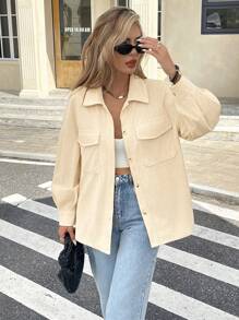 SHEIN Frenchy Abrigo con bolsillo con solapa y hombros caídos para otoño/invierno - Beis - Ver 3