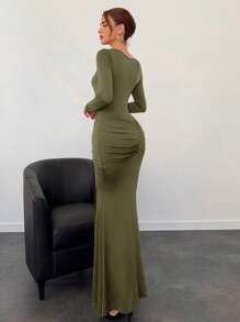 Aloruh Autumn/Winter New Meraid Women Long Dress - Army Green - View 2