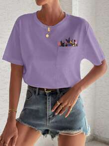 EURMUSE 100%Cotton T-Shirt With Flower Embroidery, Round Collar, Pocket Details - Lilac Purple - View 5