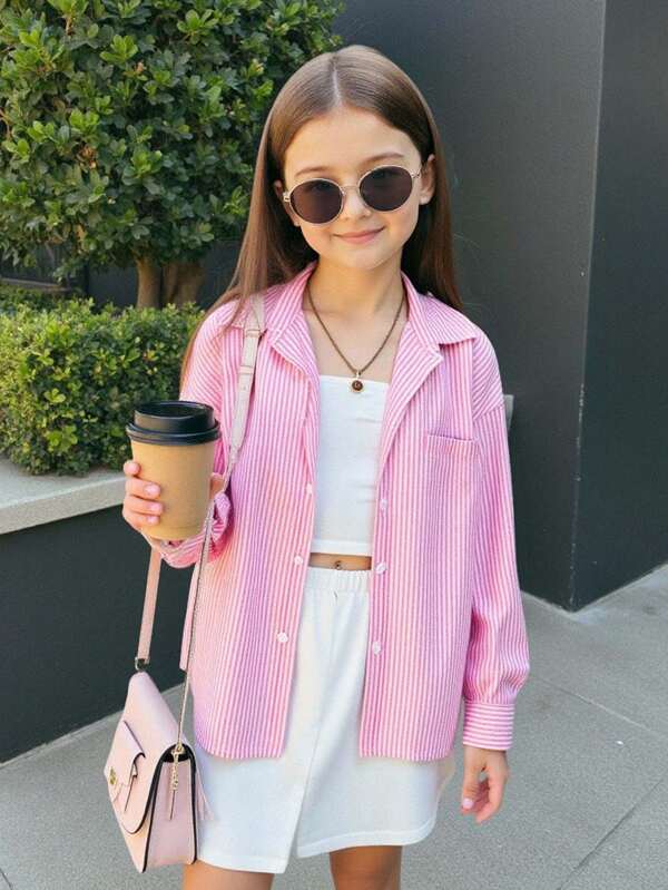 SHEIN Tween Girls Casual Pink & White Striped Oversized Shirt
