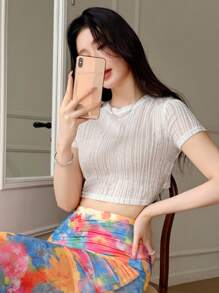 Celisse Women's Round Neck Cinched Waist Short Sleeve T-Shirt, Textured Woven Fabric, Fashionable & Elegant Daily Wear