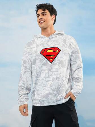SUPERMAN X SHEIN Felpa con cappuccio casual da uomo, con stampa di personaggi e loghi anime, scollo a goccia, tasca, vestibilità morbida