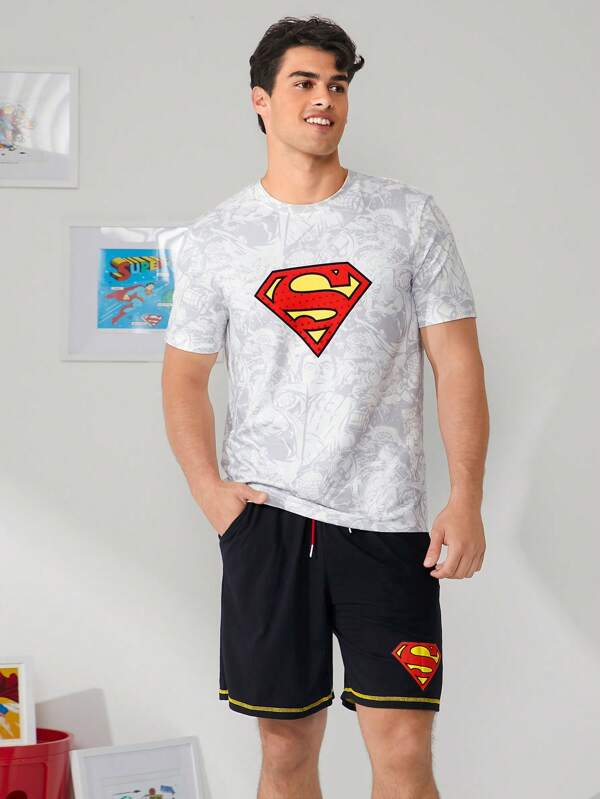 SUPERMAN X SHEIN Conjunto de pijama de camiseta de manga corta con logo impreso y pantalón corto cómodo para hombres, para verano