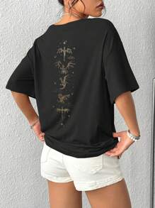 INAWLY Plus Size Women's Summer Slogan And Plant Printed Round Neck Short Sleeve Casual T-Shirt Graphic Tees Women Tops - Black - View 5