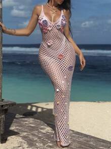 Swim SXY 女士手工钩编花卉装饰透明美人鱼下摆沙滩罩衫，优雅性感，粉色 - 粉色 - 查看 4