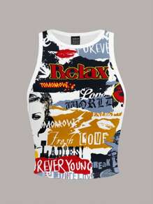 Slaydiva 女士休闲字母印花圆领紧身背心，适合夏季