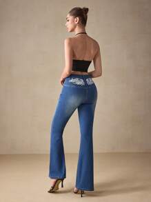 SHEIN EZwear Fashionable Embroidered Stretch Denim Flare Pants - Medium Wash - View 8