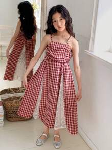 Dazy Kids Girl's Fashionable Plaid Cami Dress - Red and White - View 1