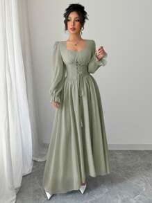 Modelyn Váy tay đèn lồng chéo màu trơn thanh lịch kiểu Pháp - màu xanh lá - Xem 5