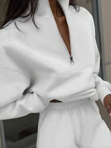 SHEIN EZwear Sudadera con cremallera de manga larga y color liso para mujer, de estilo sencillo y de moda