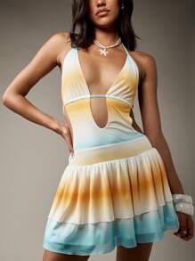 MISSGUIDED Summer Resort Halter Mini Dress With Tiered Ruffle Skirt Gradient Ombre Design Beach Vacation Holiday Party Festival Attire - Multicolor - View 1