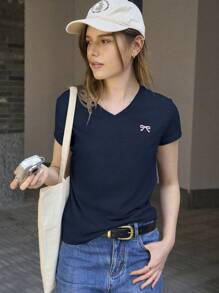 Jouncy Women's Casual Bowknot Print Short Sleeve T-Shirt, Summer - Royal Blue - View 6