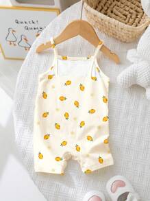 SHEIN Pelele informal para bebé niña con estampado de frutas pequeñas, limones y flores, en color amarillo crema, adecuado para vacaciones de primavera/verano