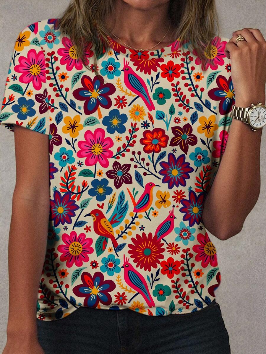 INAWLY Vacation Rustic Style Colorful Vintage Floral Print Round Neck Casual T-Shirt For Spring And Summer - Khaki - View 1