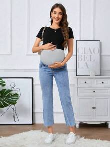 SHEIN Maternity High-Waisted Frayed Hem Casual 3/4 Jeans - Medium Wash - View 4