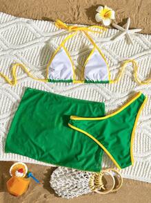 Swim Vcay 3 件套女士夏季沙滩泳衣套装 - 比基尼上衣、下装和裙子，黄绿色，定位牙买加字母印花，大标志，性感度假