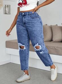Slaydiva Plus Size Women Pockets Ripped Cone Leg Casual Jeans, Versatile - Dark Wash - View 4