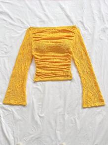 Soleia 女士纹理针织露肩喇叭袖修身上衣，适合度假、波西米亚风万圣节装扮、早午餐、生日派对、外出、约会、工作、锐舞派对等场合。 - 黃色 - 查看 6