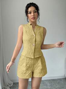 Elenzga 2pcs/Set Women Solid Color Jacquard Sleeveless Shirt And Loose Shorts, Summer