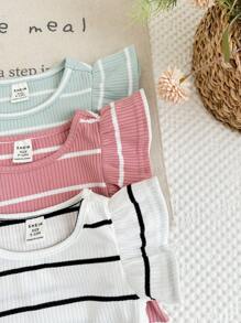 LMoss Kids Baby Girl 3pcs/Set Knit Striped Round Neck Fitted Top Set - Multicolor - View 5