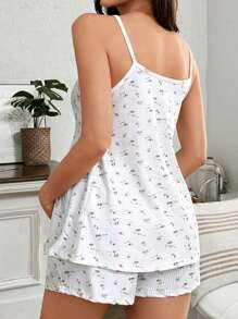 Moonlight&Mama 孕妇装两件套针织罗纹碎花蕾丝V领吊带上衣和短裤睡衣套装 - 彩色 - 查看 2