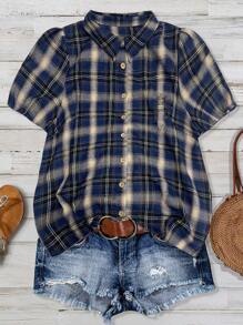 SHEIN LUNE CURVE 大码女式夏季乡村音乐节休闲复古泡泡袖格子衬衫 - 藏蓝色 - 查看 1