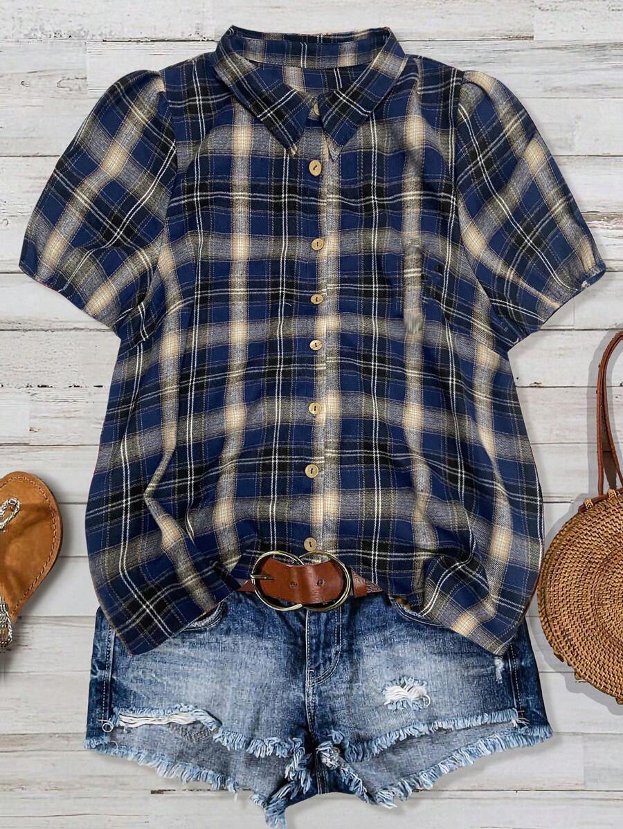 SHEIN LUNE CURVE 大码女式夏季乡村音乐节休闲复古泡泡袖格子衬衫 - 藏蓝色 - 查看 1