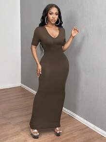 SHEIN SXY 女士纯色 V 领紧身短袖连衣裙 Hoco Dresses - 咖啡 - 查看 5