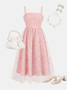 SHEIN Leap Crew Tween Girl Elegant Floral Embroidery Splicing Mesh Cami Midi Dress - Baby Pink - View 1