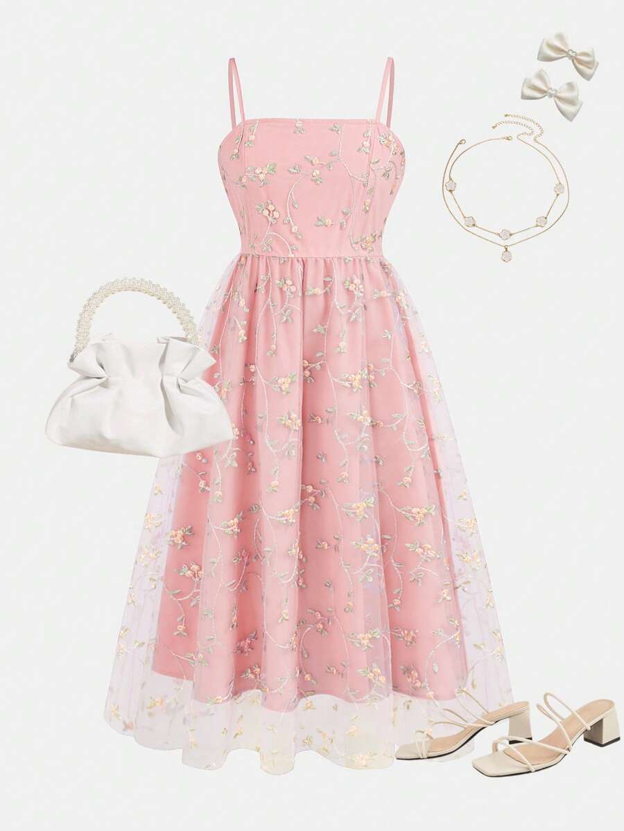 SHEIN Leap Crew Tween Girl Elegant Floral Embroidery Splicing Mesh Cami Midi Dress - Baby Pink - View 1