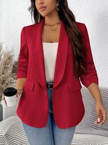 SHEIN LUNE Áo khoác blazer nữ màu trơn cổ tròn tay nhún thường ngày cỡ lớn Áo khoác blazer nữ màu đỏ Áo khoác blazer nữ màu đỏ Áo khoác vest màu đỏ cho mùa thu/đông - Đỏ - Xem 1