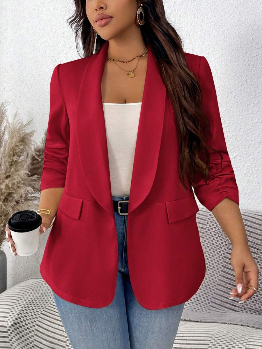SHEIN LUNE Áo khoác blazer nữ màu trơn cổ tròn tay nhún thường ngày cỡ lớn Áo khoác blazer nữ màu đỏ Áo khoác blazer nữ màu đỏ Áo khoác vest màu đỏ cho mùa thu/đông - Đỏ - Xem 1