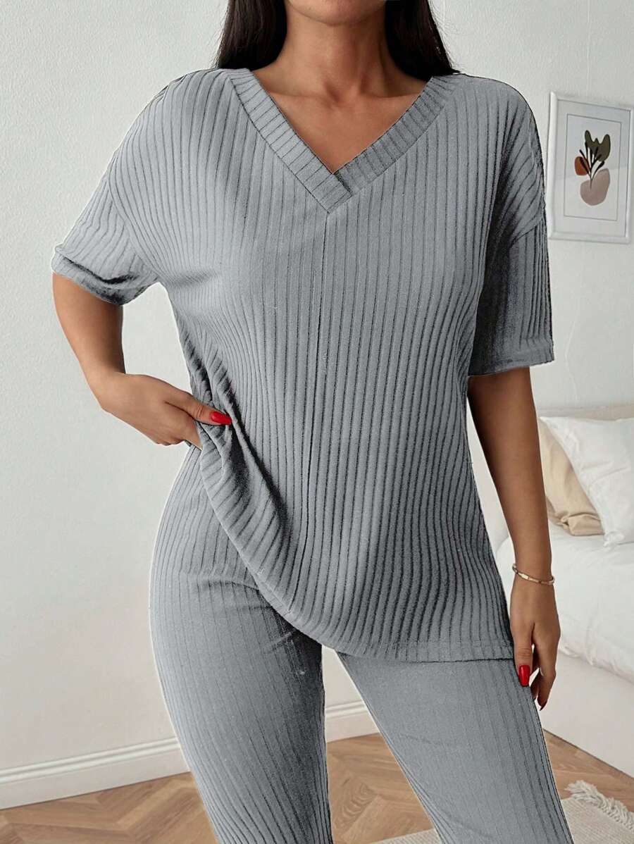 RueChic Women Cotton 2 Pcs V Neck Short Sleeve Homewear Lounge Set - Light Grey - View 1