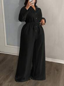 Slaydiva 2025 New Casual Vacation White Versatile Birthday Party Date Daily Simple Casual Basic Commute Sexy Street Long Sleeve Shirt Front Mid-Button Tie-Waist, Pocketed, Wide Leg Pleated Jumpsuit - A, Suitable For Spring/Summer Long Sleeve Jumpsuit Black Jumpsuit Button Up Jumpsuit Wide Leg Pants Jumpsuit Wide Leg Jumpsuit - Black - View 4