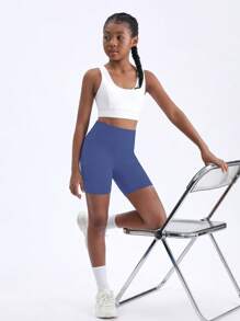 SHEIN Girls' Athletic Shorts, Stretchy, Comfortable, Free Motion Sports Shorts For Yoga Running Cycling - Navy Blue - View 3